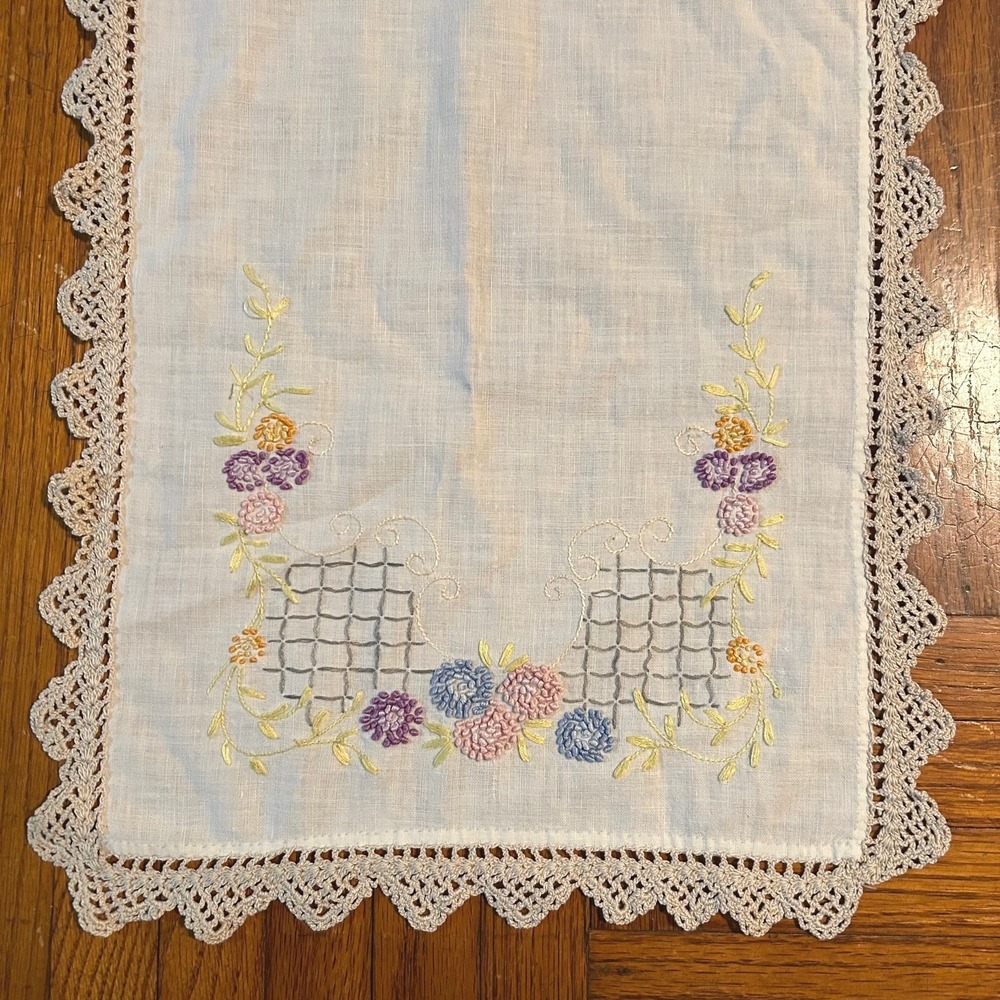 Vintage Hand Embroidered Floral Table Runner White Crochet Lace Trim 37x12